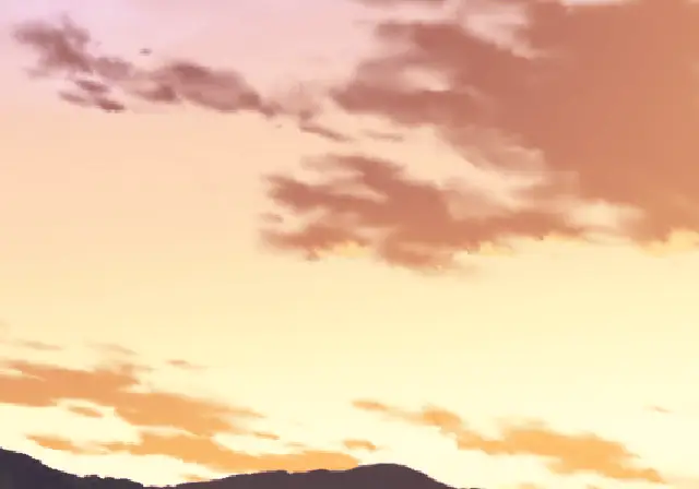 A short loop of the prologue: the sunset sky pans while a line of dialogue types out in the game's font.